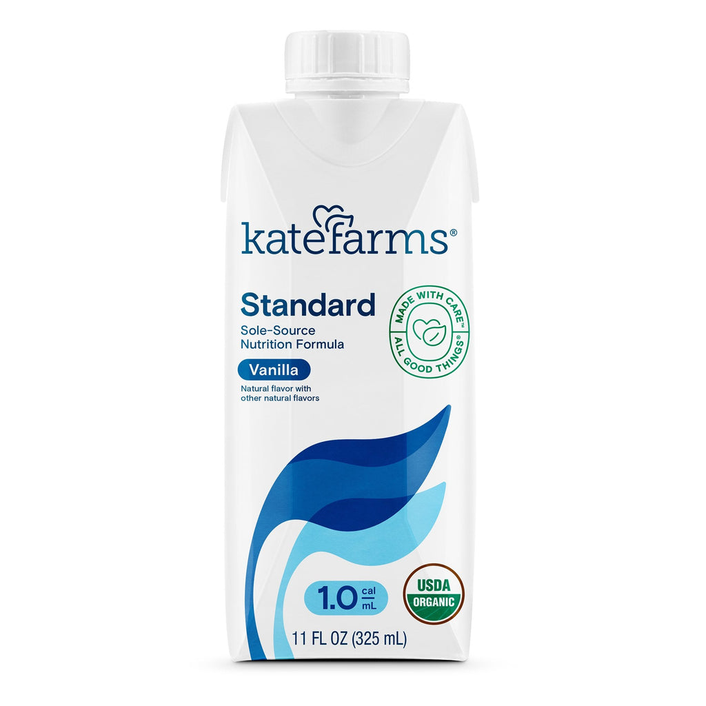 Kate Farms Standard 10 Vanilla Flavor Liquid 11 oz Carton, a plant-based, organic, and clinically demonstrated oral supplement for pediatric to adult users in the United States, with key nutrients and no common allergens