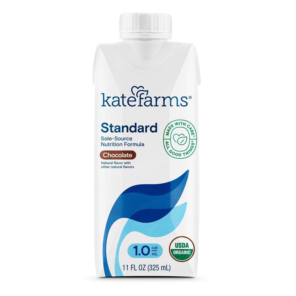 Image of Kate Farms Standard 10 Chocolate Flavor Liquid 11 oz Carton, a plant-based, organic, and nutrient-rich oral supplement for pediatric to adult users