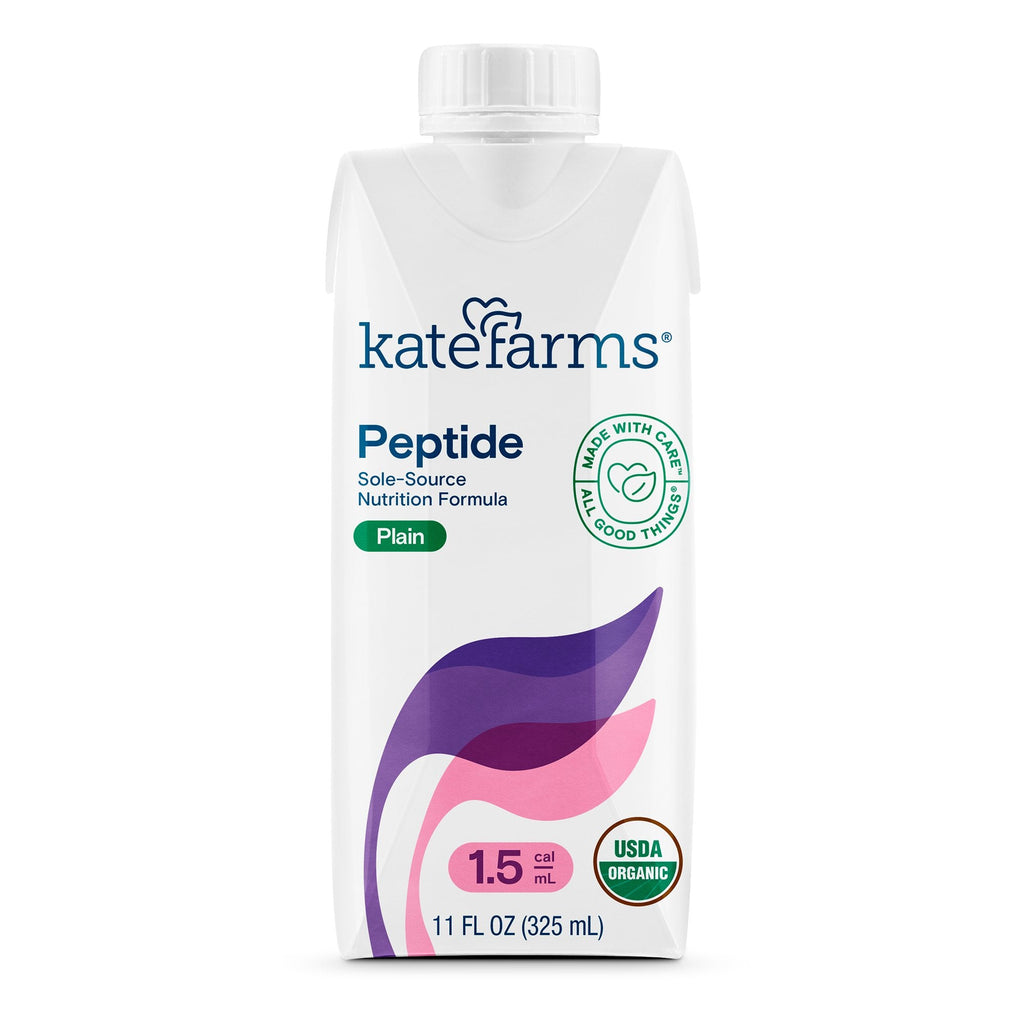 Kate Farms Peptide 15 Plain Flavor Liquid 11 oz Carton, a plant-based, organic, calorically-dense oral supplement with hydrolyzed pea protein, low osmolality, and key nutrients for improved tolerance and weight gain, suitable for ages 1 year and up