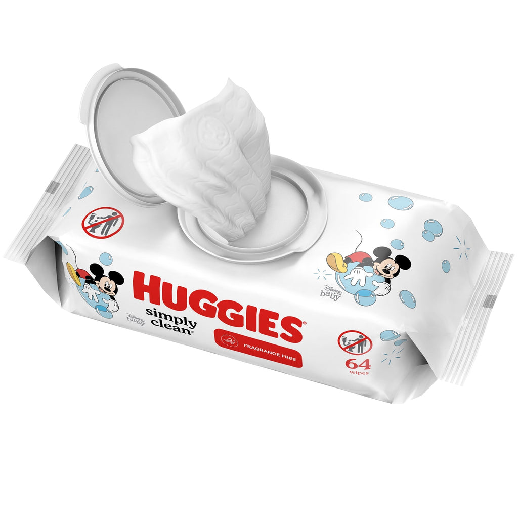 Huggies Simply Clean Soft Pack 64 Count Unscented Baby Wipes for Hands, Faces, and Bottoms, Hypoallergenic, Dermatologist Tested, pH Balanced, Plant-Based, Non-Sterile, Free of Lotions, Fragrances, Parabens, Alcohol, Dyes, Chlorine, MIT, and Phenoxyethanol