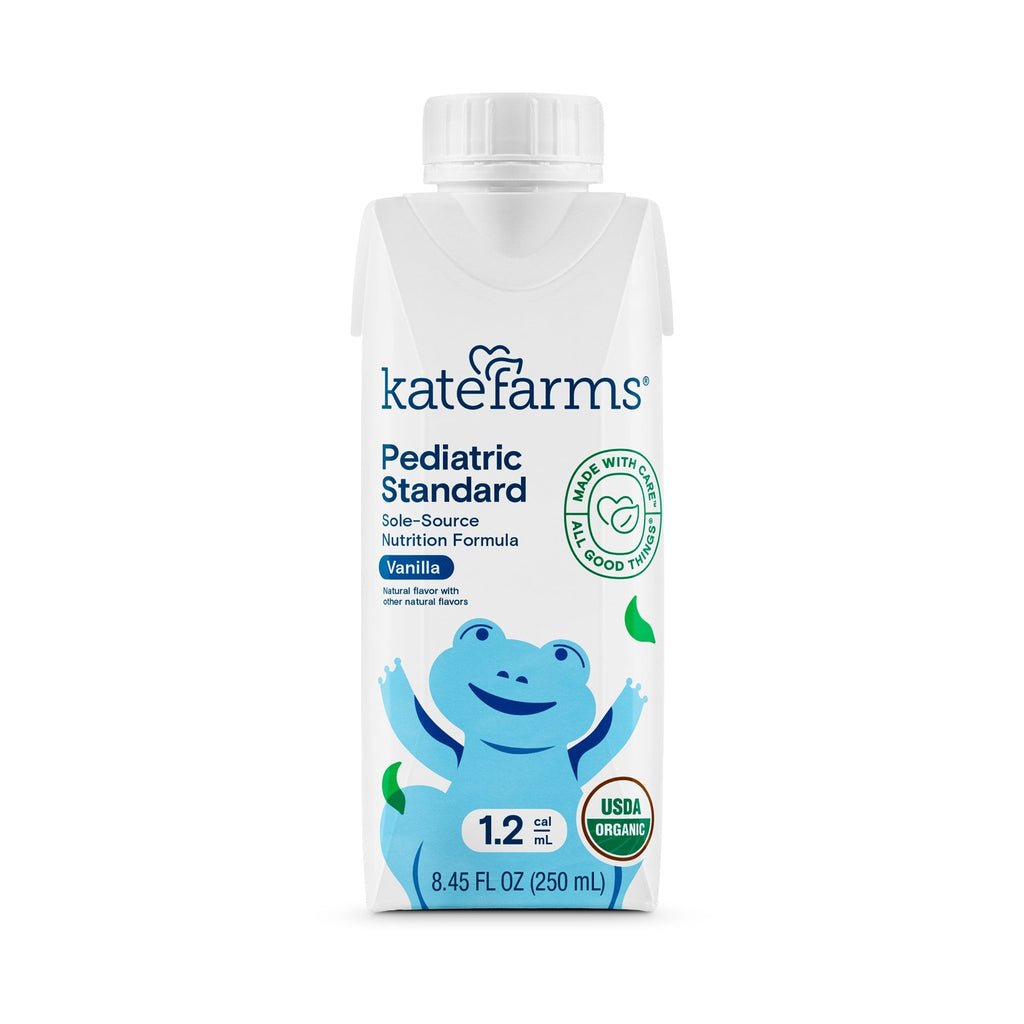 Kate Farms Pediatric Standard 12 Vanilla Flavor 845 oz Liquid Organic Pea Protein Pediatric Oral Supplement in Carton, clinically demonstrated to improve tolerance, weight gain, and adherence, with key nutrients to support immunity and suitable for patients with various nutritional needs and intolerances