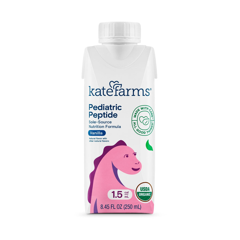 Carton of Kate Farms Pediatric Peptide 15 Vanilla Flavor Liquid Organic Hydrolyzed Pea Protein, suitable for pediatric oral or tube feeding, with plant-based, organic, and allergen-free features, and key nutrients for immune support and various medical conditions