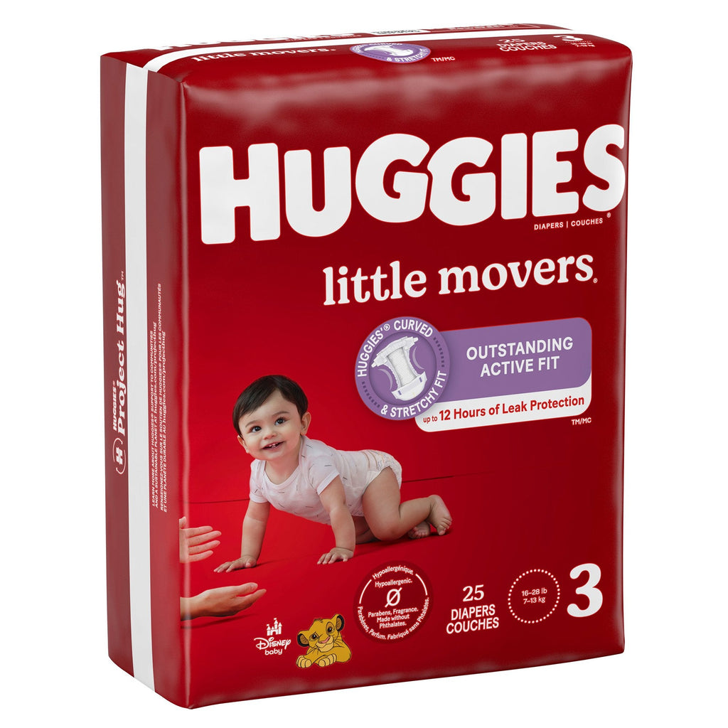 Unisex Baby Diaper Huggies® Little Movers Size 3 Disposable with Moderate Absorbency, designed for worry-free running, jumping, and playing, with a waistband to prevent leaks and help keep your baby comfortable while on the move, and Fast-Absorbing DryTouch Liner to lock away wetness and keep skin dry