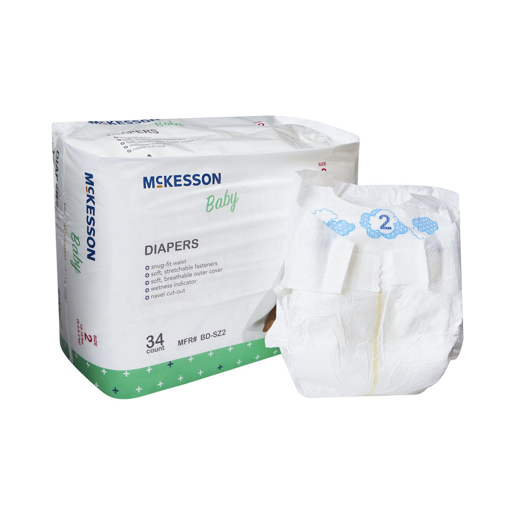 Unisex Baby Diaper McKesson Size 2 Disposable Heavy Absorbency with Cloud Design alt text: McKesson Unisex Baby Diaper Size 2, heavy absorbency, 34 count, designed for 12-18 lb babies, with fun cloud graphics, refastenable tabs, and elastic gathers for comfort and security