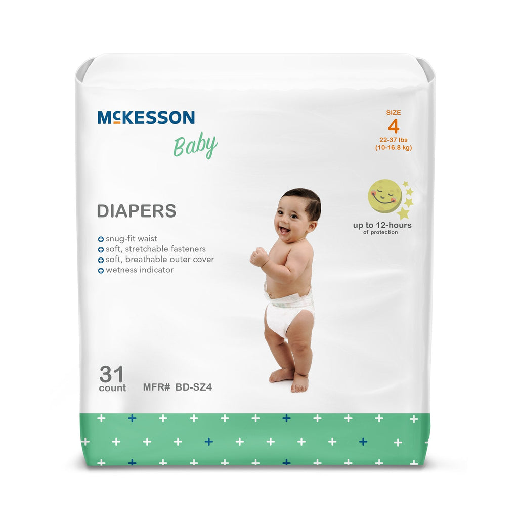 Unisex Baby Diaper McKesson Size 4 Disposable Heavy Absorbency with fun kid design and refastenable tabs for babies 22 to 37 lbs