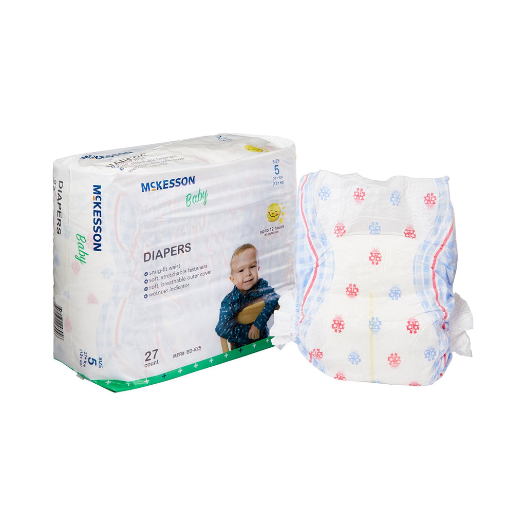 Unisex Baby Diaper McKesson Size 5 Disposable Heavy Absorbency (27 Count) designed for babies over 27 lbs with superior 12-hour protection, breathable, latex-free, and fun graphic design