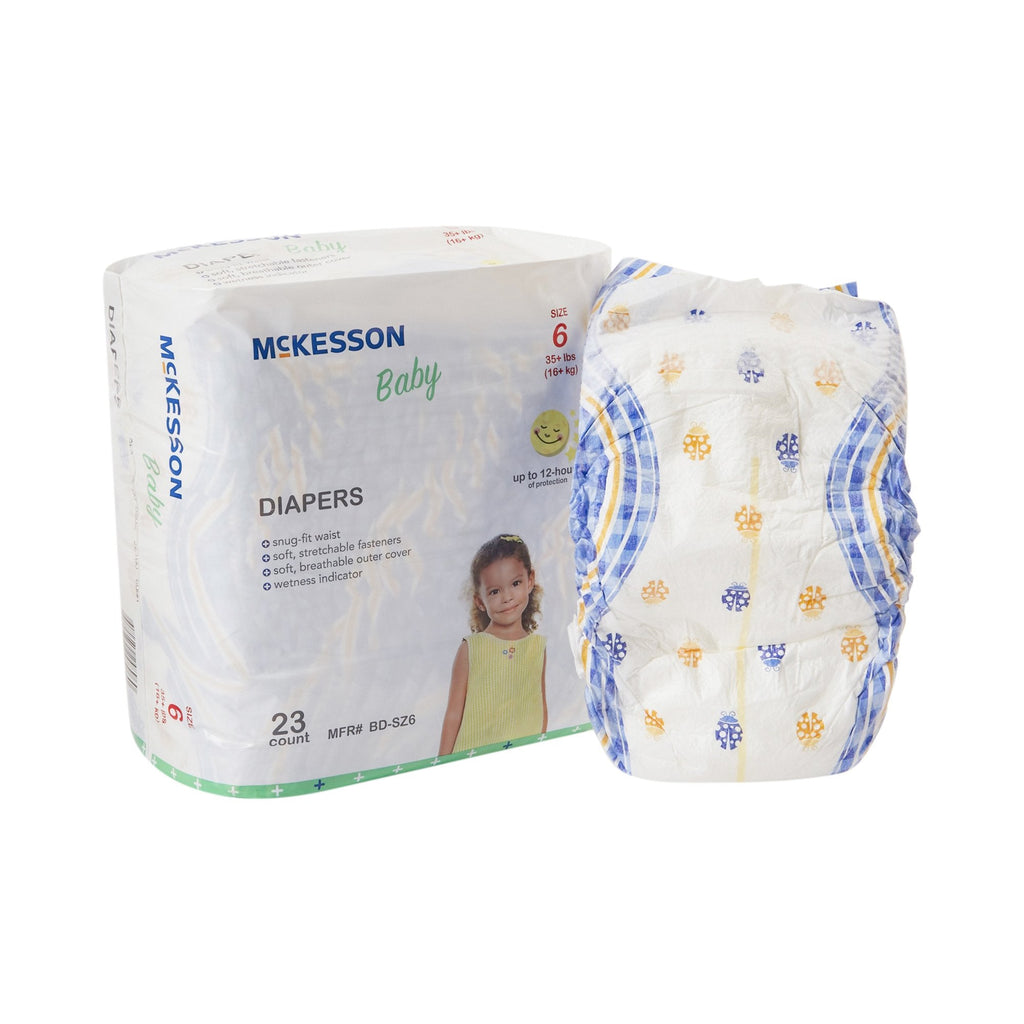 Unisex Baby Diaper McKesson Size 6 Disposable Heavy Absorbency with Fun Ladybug Graphics, 23 Count, for Babies Over 35 lbs, Cloth-like Backing, Refastenable Tabs, Elastic Gathers, Latex Free, Made in Czech Republic