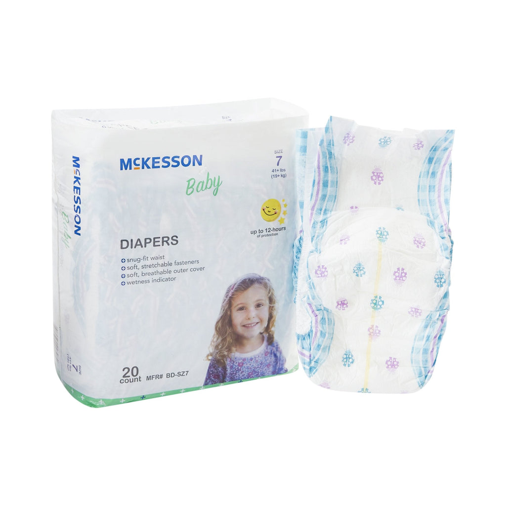 Unisex Baby Diaper McKesson Size 7 Disposable Heavy Absorbency with Fun Ladybug Graphics, 12-Hour Protection, and Flexibility for Babies Over 41 lbs