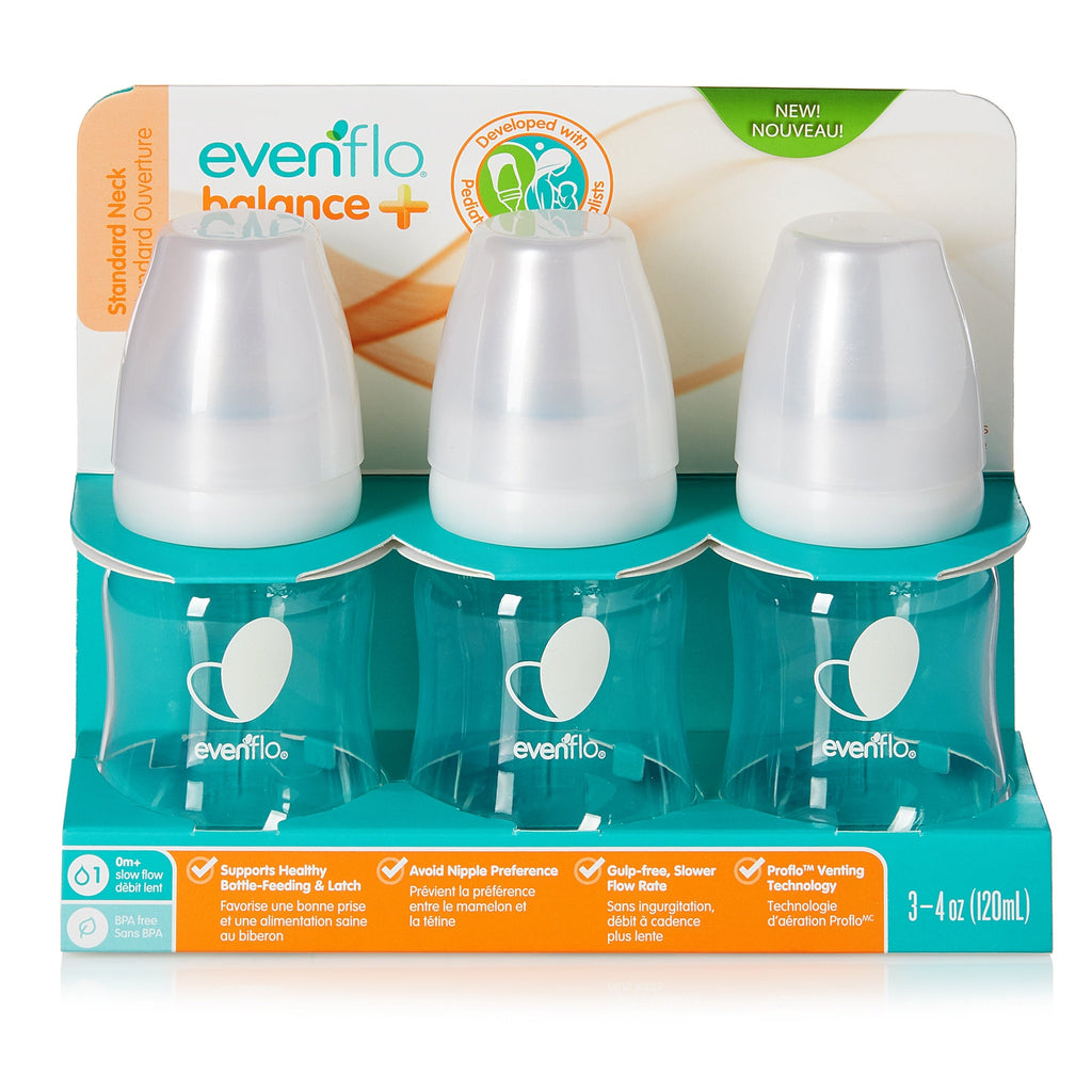 Evenflo Feeding Balance + Standard Neck 4 oz Baby Bottle Pack of 3 with Slow Flow Nipples and Measurement Markers made of Food Grade Material, BPA-free, and designed to support healthy bottle feeding without interfering with breastfeeding journey