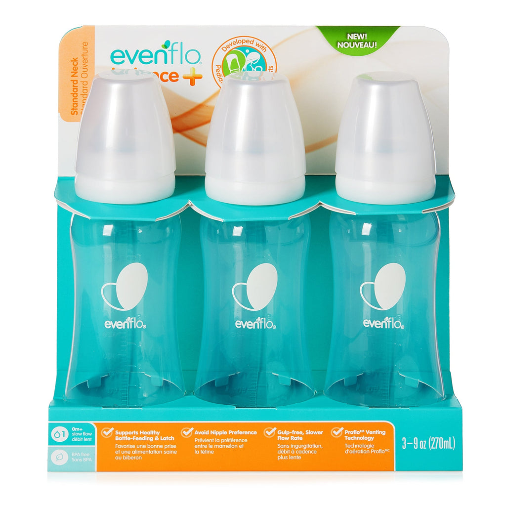 Evenflo Feeding Balance + Standard Neck 9 oz Baby Bottle Pack of 3 with Food Grade Material, Slow Flow Nipple, Integrated Vent, Molded Measurement Markers, BPA-Free, FDA-Approved