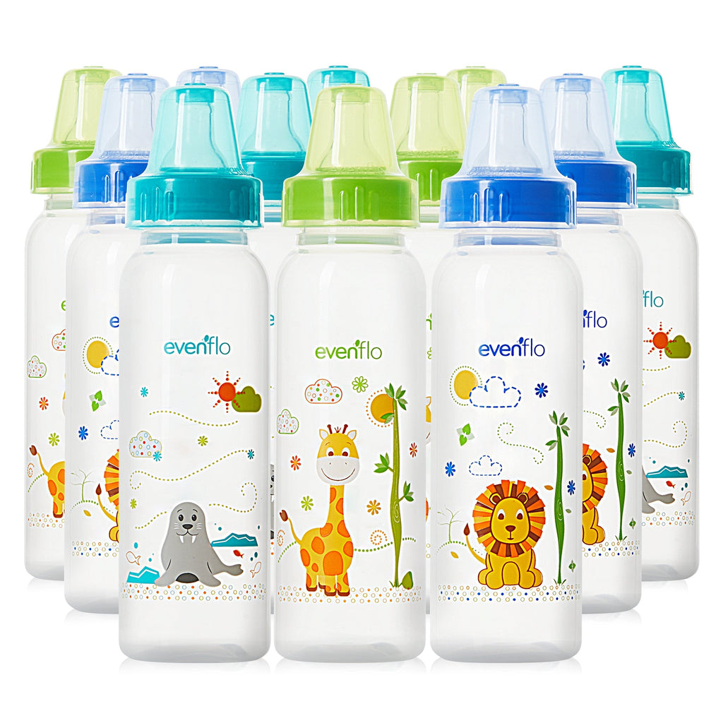 12 pack of Evenflo Classic Prints 8 oz Polypropylene Baby Bottles with Zoo Animal Prints and Slow Flow Nipples