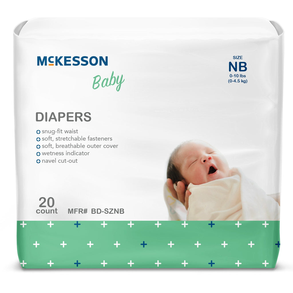 Unisex Baby Diaper McKesson Newborn Disposable Heavy Absorbency with Fun Graphics, 20 count, designed for 0-10 lbs, contoured with navel cutout and wetness indicator