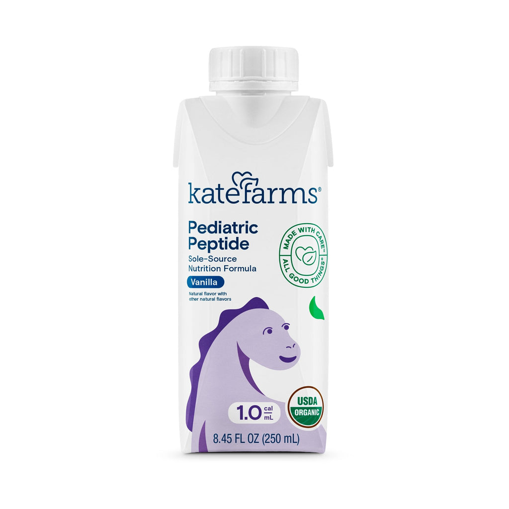 Kate Farms Pediatric Peptide 10 Vanilla Flavor 845 oz Carton Liquid Organic Hydrolyzed Pea Protein, suitable for pediatric oral or tube feeding, made with plant-based, organic ingredients and key nutrients to support immunity and provide nutritional support for various medical conditions