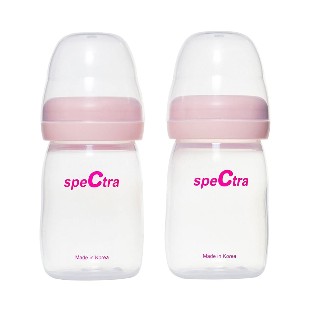 Two 5 ounce BPA free plastic Spectra® baby bottles with accessories