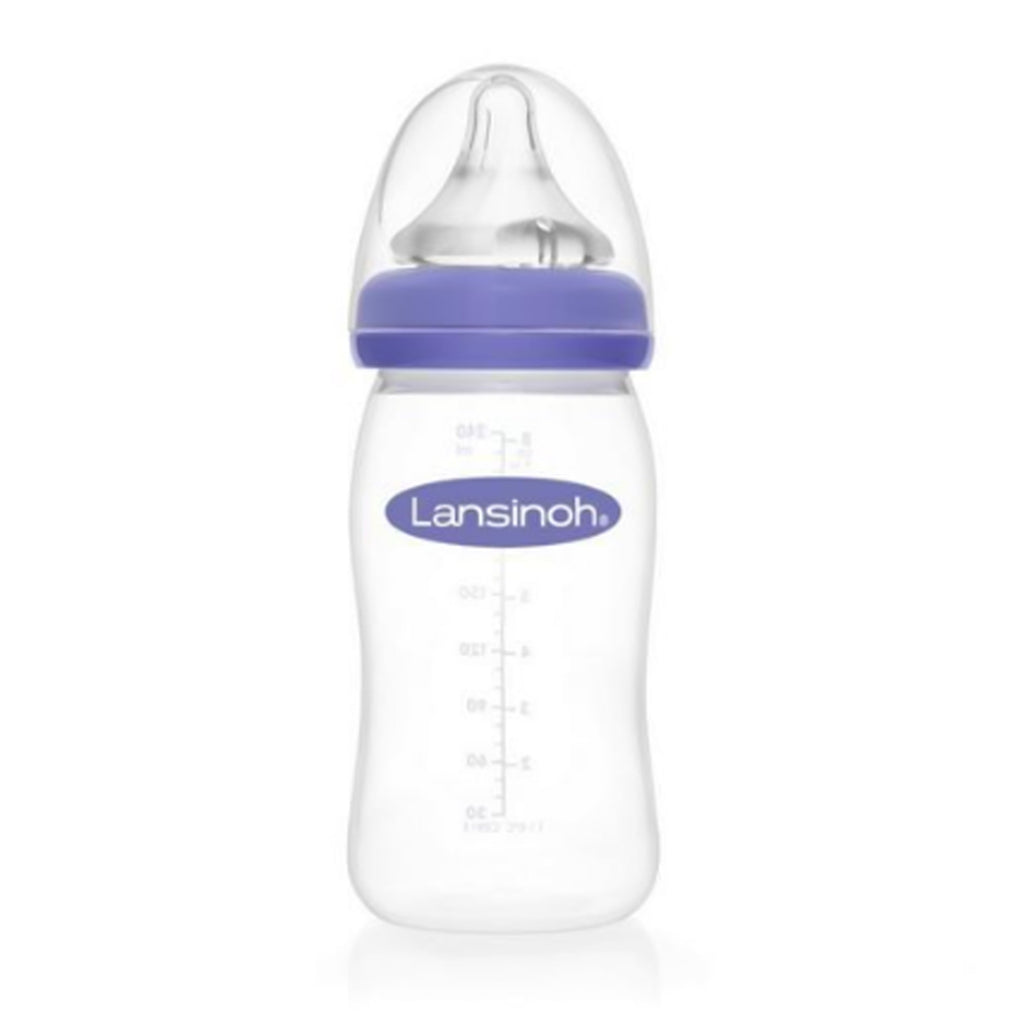 A clear 8 oz Lansinoh® Polypropylene Baby Bottle with NaturalWave® Nipple