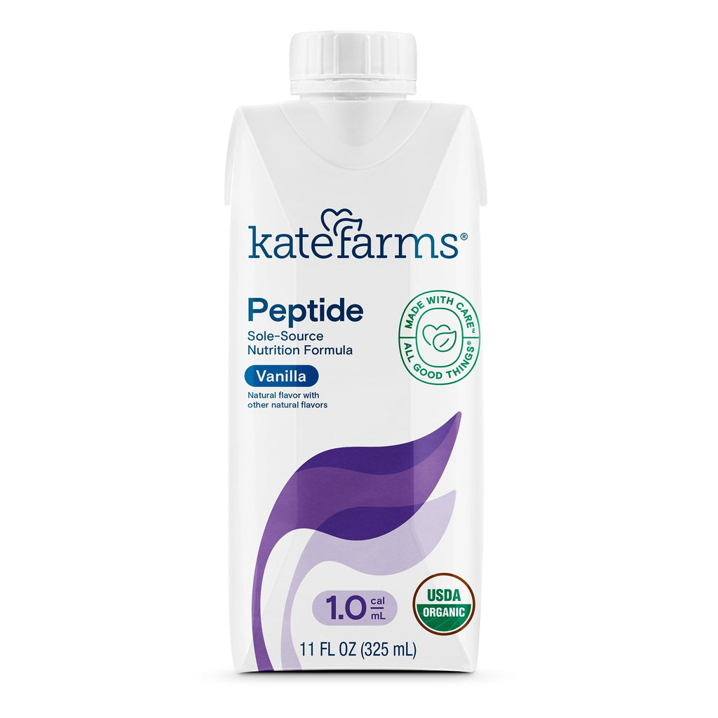 A case of 12 11 oz cartons of Kate Farms Peptide 10 Vanilla Flavor Liquid, an organic, plant-based oral supplement for pediatric to adult users ages 1 year and up, made with hydrolyzed pea protein, MCT oil, and a phytonutrient blend, with key nutrients to support immunity and suitable for patients with various GI-related conditions