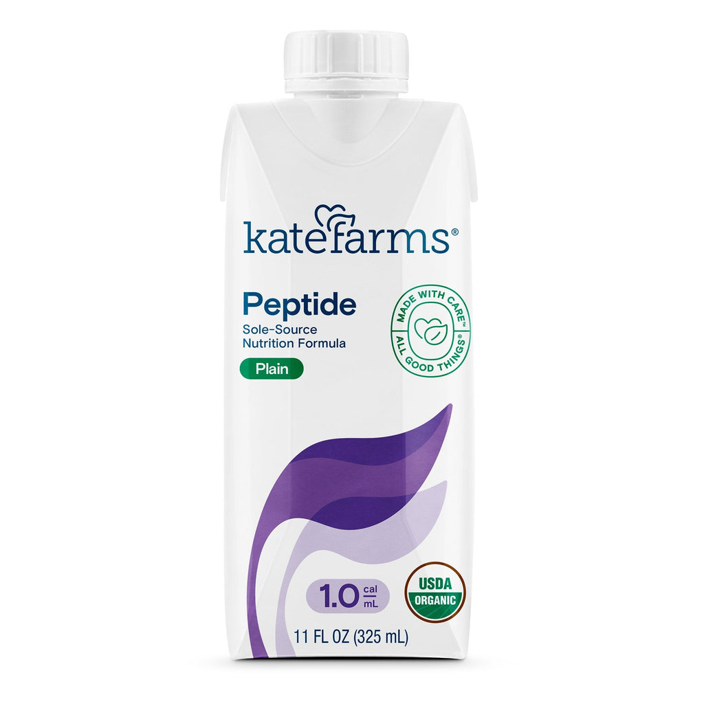 Organic, plant-based Kate Farms Peptide 10 oral supplement with plain flavor, suitable for ages 1 year and up, made with hydrolyzed pea protein, MCT oil, and key nutrients to support immunity and GI tolerance, free from common allergens and artificial additives, and may provide nutritional support for various medical conditions