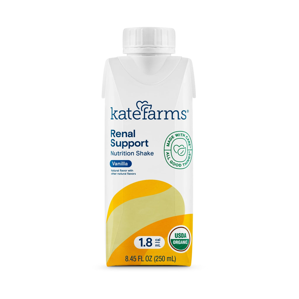 Kate Farms Renal Support 18 Vanilla Flavor Liquid 845 oz Carton designed for oral or tube feeding, suitable for people on dialysis