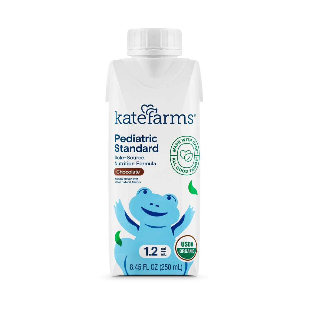 Kate Farms Pediatric Standard 12 Chocolate Flavor 845 oz Carton Liquid Organic Pea Protein, a plant-based organic pediatric oral supplement with key nutrients and no common allergens, suitable for ages 1 to 13 years