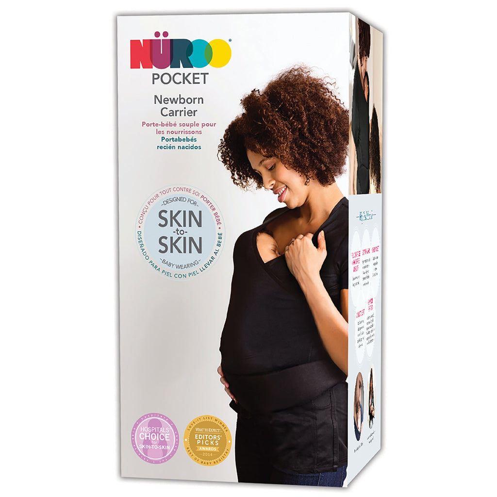 Black short sleeve female baby carrier shirt NuRoo® Pocket, designed for skin-to-skin contact, hands-free carrying, and adjustable fit with moisture-wicking fabric, suitable for NICU and hospital use, and tested up to 45 lbs