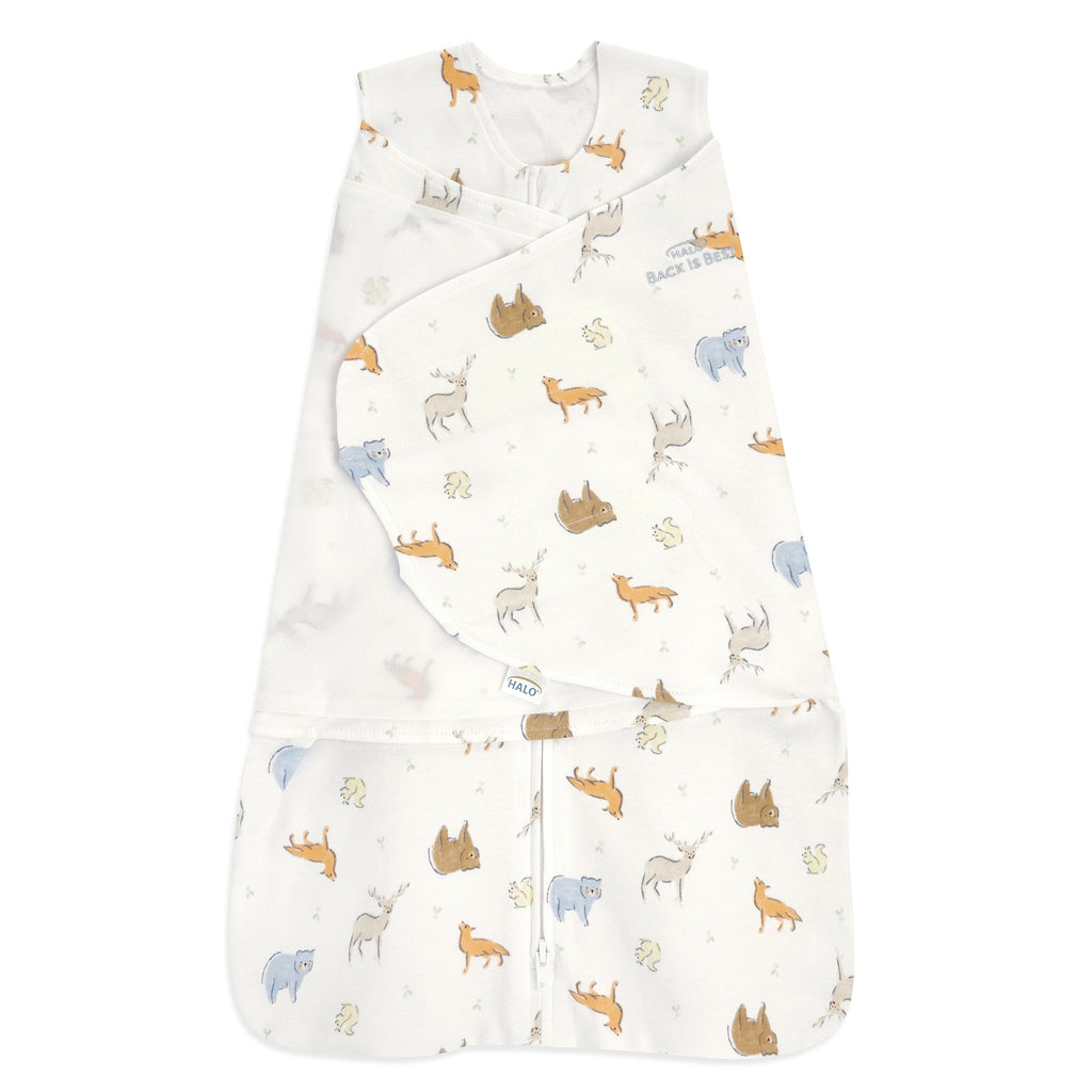 HALO SleepSack Cotton NonSterile Swaddle in Forest Friends Multi, Small 3-6 Months, with adjustable fasteners and 3-way swaddle options