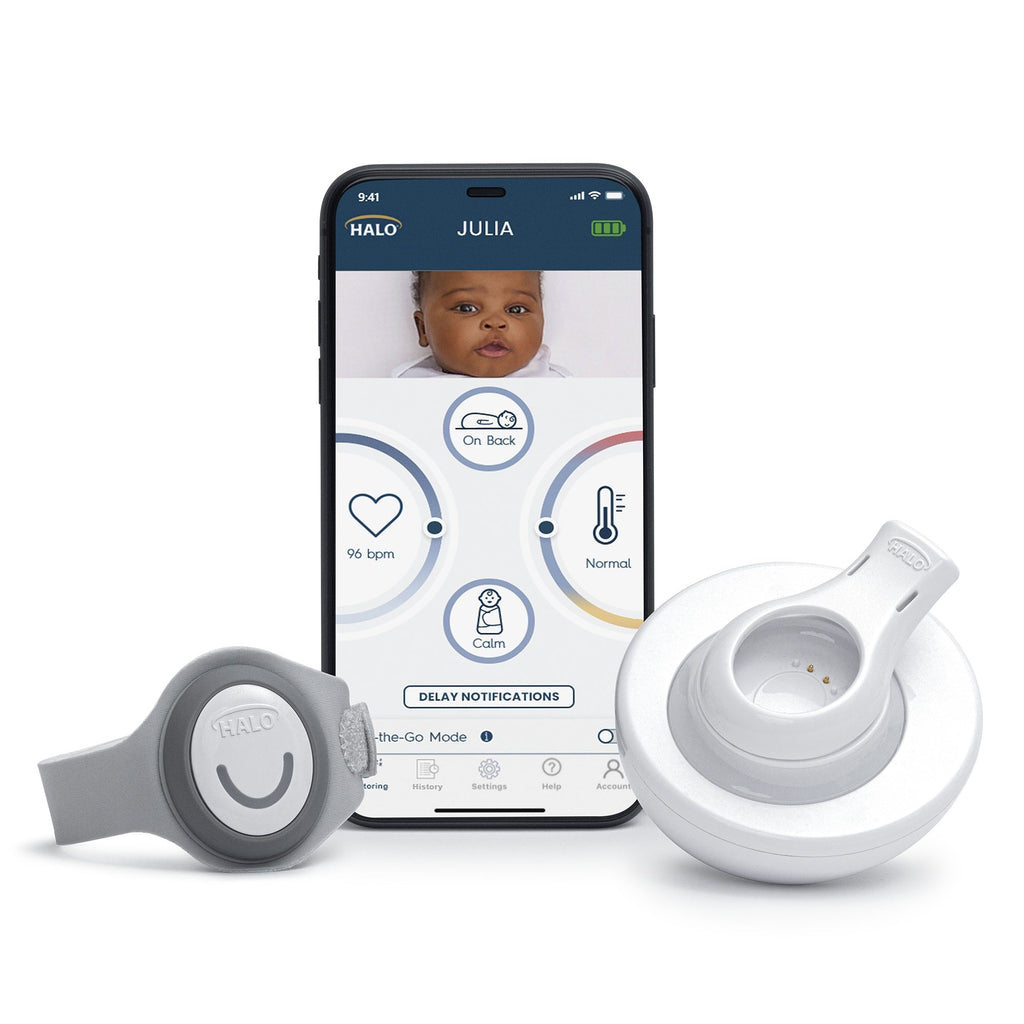 Baby Monitor HALO SleepSure with touchscreen display, real-time sleep tracking, and app compatibility for monitoring baby's heart rate, skin temperature, movement, and rollover