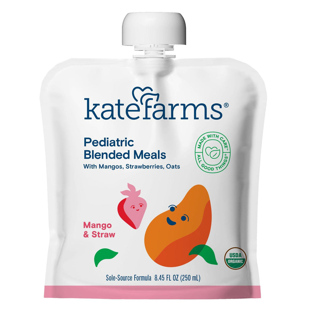 alt: Kate Farms Mango Strawberry Pediatric Tube Feeding Formula with Organic Pea Protein, 845 oz Pouch, made for tolerance, easy fat absorption, key nutrients, kosher and halal, versatile feeding methods