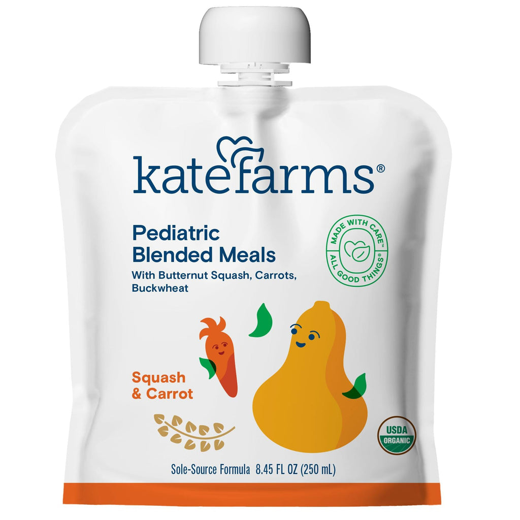 Alt: Pediatric Tube Feeding Formula Kate Farms Squash / Carrot Flavor 845 oz / 250 mL Pouch Liquid Organic Pea Protein, made with real and recognizable foods plus other key nutrients, reclosable pouch with twist-off cap, kosher and halal, no common allergens, flows through a 10 Fr tube without thinning or dilution