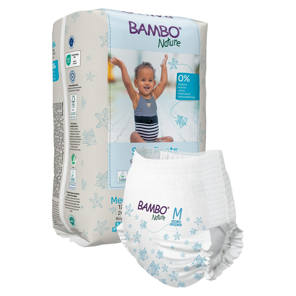 Unisex Baby Swim Diaper Bambo Nature Pull On with Tear Away Seams Medium Disposable Heavy Absorbency (12 Count) by Bambo Nature with elastic fit, double leakage barriers, and chlorine free material for a comfortable and safe water experience