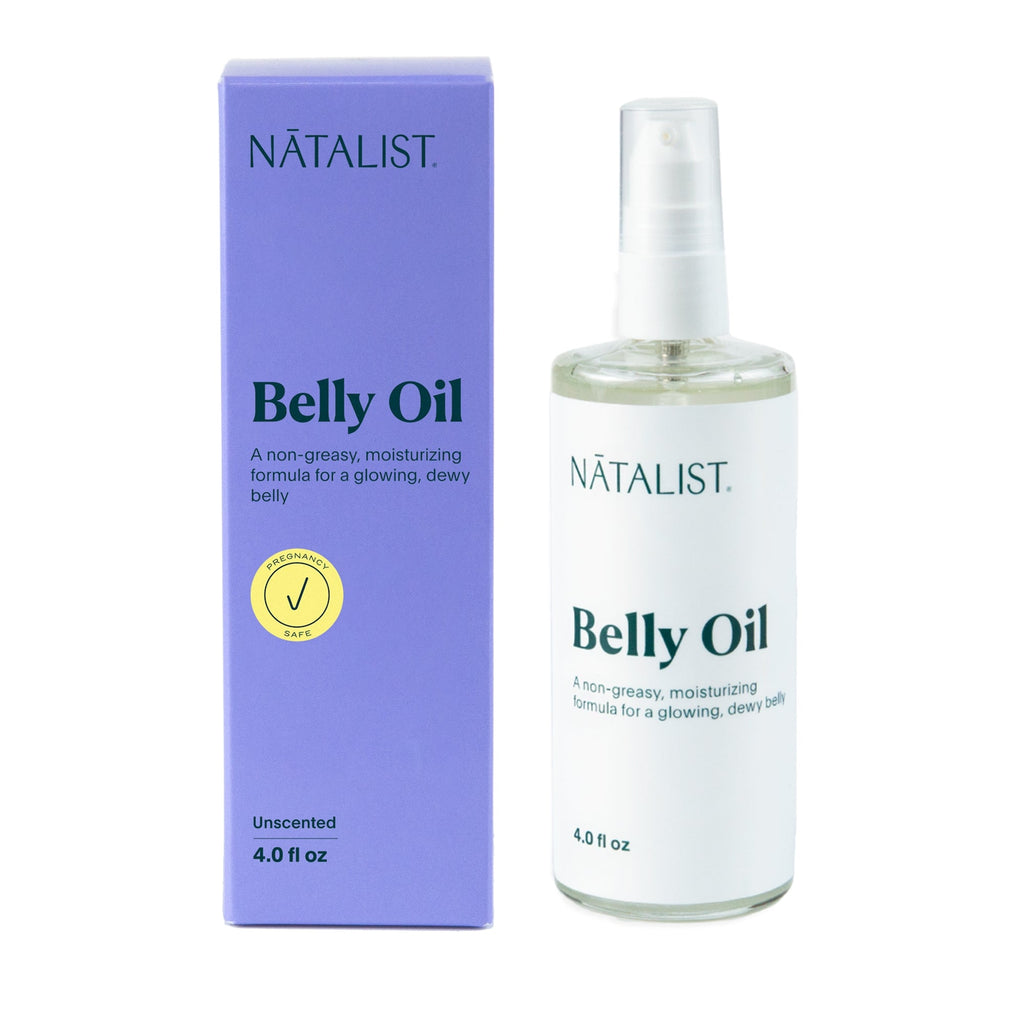 4 oz pump bottle of Natalist® Belly Oil, unscented body oil for pregnant bellies, enriched with argan oil, coconut oil, and shea butter, cruelty-free and vegan