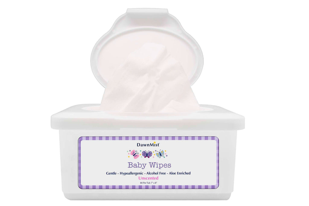 Aloe and lanolin infused unscented baby wipes in a tub container with 80 pre-moistened, alcohol-free, soft, and durable spunlace material