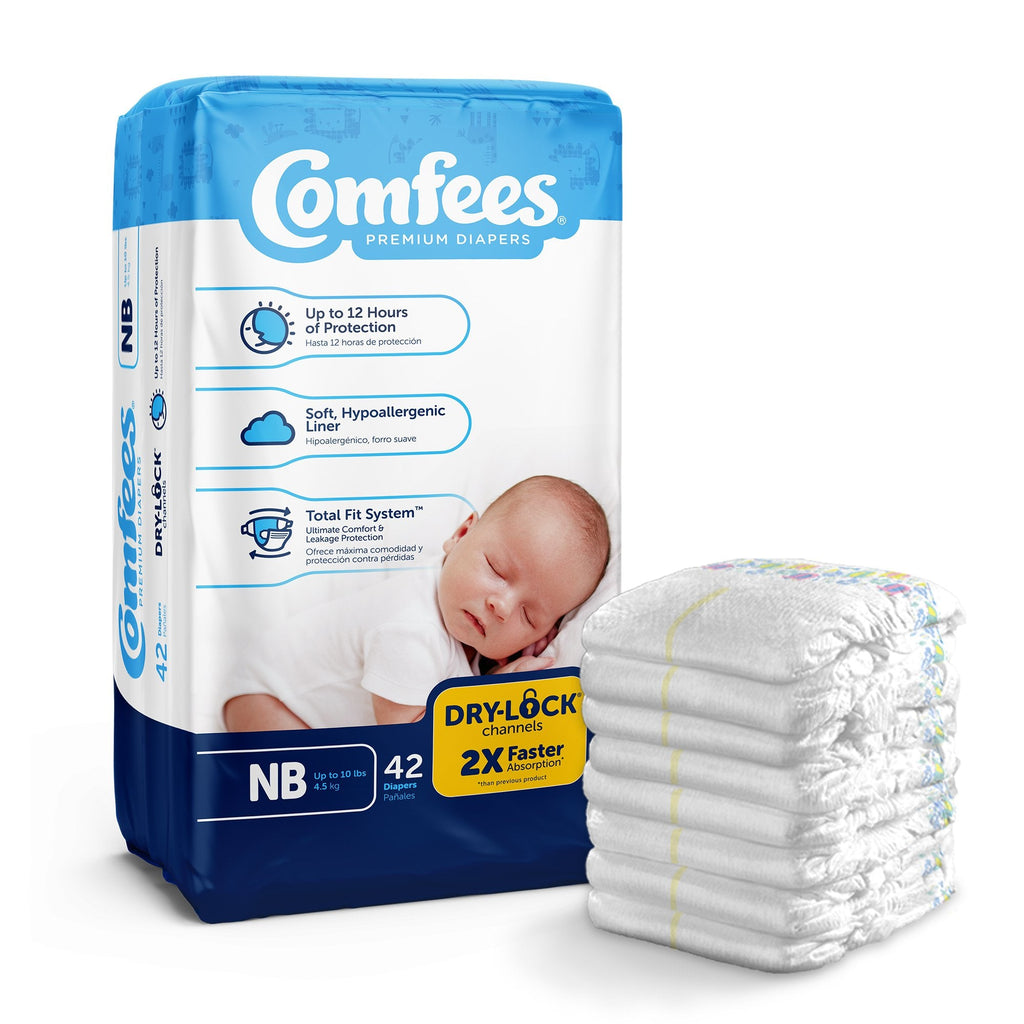 Unisex newborn baby diaper Comfees® with moderate absorbency and kid design Size up to 10 lbs, with refastenable tabs and 12 hours of DriNite® protection