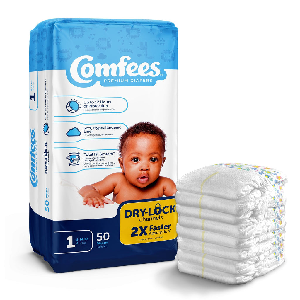 Unisex Baby Diaper Comfees® Size 1 Disposable Moderate Absorbency with Cloth-like Backing, Elastic Gathers, and Nonwoven Topsheet for 8 to 14 lb babies, featuring Comfees® Total Fit System™ and up to 12 hours of DriNite® protection