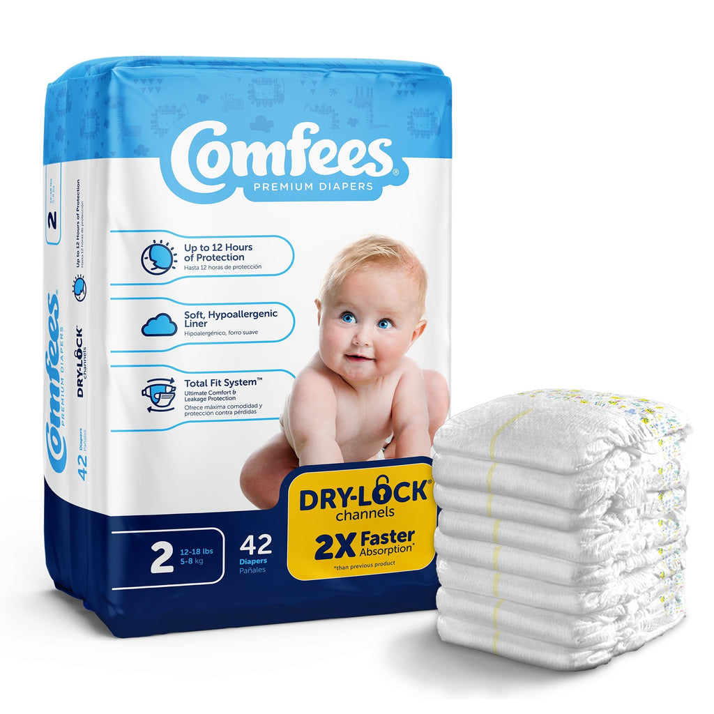 Unisex Baby Diaper Comfees® Size 2 Disposable Moderate Absorbency with Cloth-like Backing and Elastic Gathers in Kid Design for 12 to 18 lbs