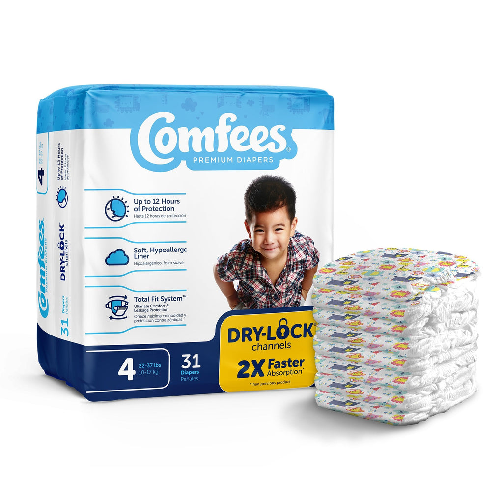 Unisex Baby Diaper Comfees® Size 4 Disposable Moderate Absorbency with ultimate comfort and leakage protection, up to 12 hours of DriNite® protection, and soft hypoallergenic liner