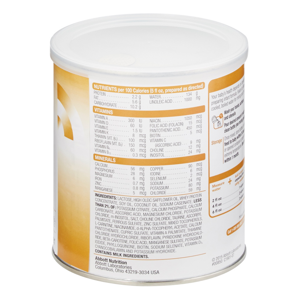  Close-up of Similac® PM 60 / 40 Unflavored Can Powder Low Iron Impaired Renal Function - 141 oz showing nutritional information and ingredients